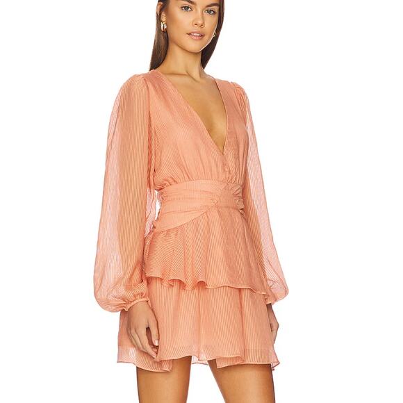 MINKPINK Tiered Ruffle Chiffon Mini Dress Terracotta SMALL Plunging $149 NEW - Picture 1 of 10